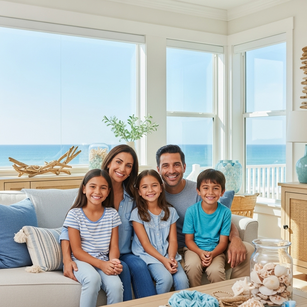 Happy family with coast behind