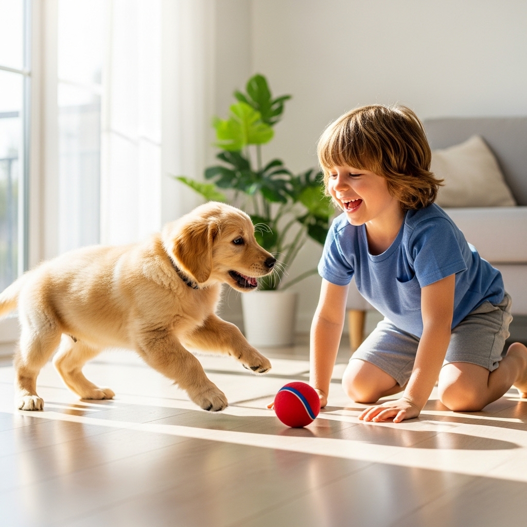 Kid and dog on clean floor